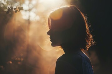 Silhouette of a woman against a golden sunset, capturing a tranquil and reflective moment.

