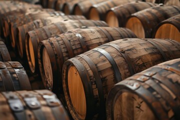 Aging wooden barrels stacked in a distillery, evoking history and craftsmanship.

