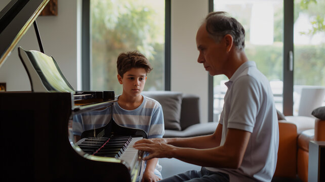 A boy watching his teacher playing a piano musical peace