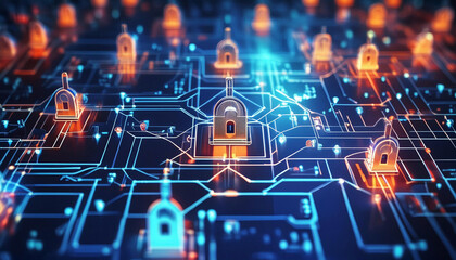 Cybersecurity network interface showing a digital fortress with advanced encryption and firewall technologies