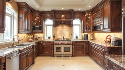Fototapeta premium Traditional Kitchen: Rich wood cabinetry with intricate details. Ornate moldings, classic fixtures, and a warm, inviting color scheme with granite or marble countertops.