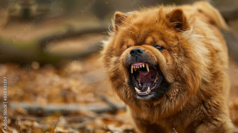 Wall mural a large chow chow dog with a menacing look on its face and teeth bared beware of dog