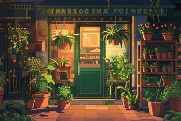 Quaint flower shop with potted plants and hanging baskets, cozy vibe, Generative AI 