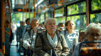 Obraz premium Summer Morning Journey: Diverse Passengers in Czech Tram Bathed in Sunlight and Calm Vibes