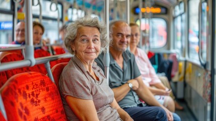 Obraz premium Serene Summer Morning Commute in a Czech Tram: Diverse Passengers Bathed in Sunlight and Calm Atmosphere