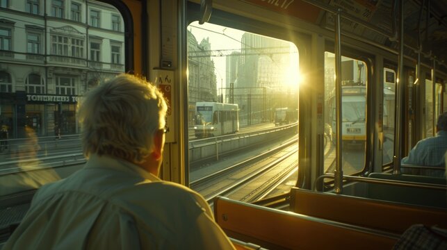 Summer Serenity: Diverse Passengers in Czech Tram Bathed in Morning Sunlight, Tranquil Atmosphere with Visible Design Elements