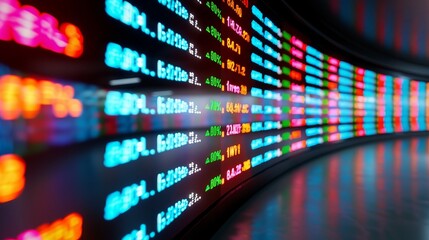 abstract stock market display with numbers and data on a curved led screen.