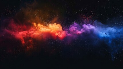 Fototapeta premium Colorful rainbow powder explosion isolated black wide panorama background. Generative Ai