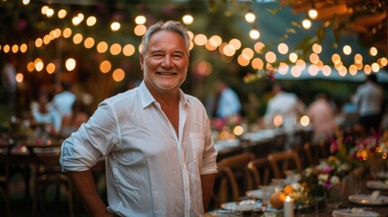 Fototapeta premium Happy Senior Man Enjoying Lively Garden Party with Friends and Family Under String Lights and Colorful Decorations