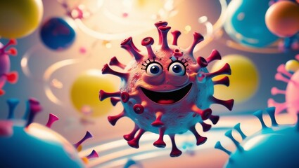 A playful virus character as the subject, brought to life through vibrant bokeh effect photography