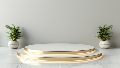 A white pedestal with gold trim, two potted plants and a white wall with a round accent.