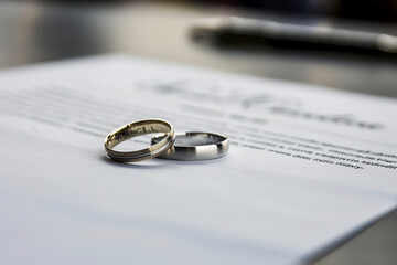 Two ring on document with a diamond for wedding concept. Generate AI image