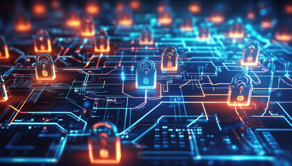 Obraz premium Cybersecurity network interface showing a digital fortress with advanced encryption and firewall technologies