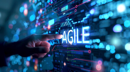Agile software development scrum methodology boards. workflow, Finger touching virtual interface agile text .AI generative