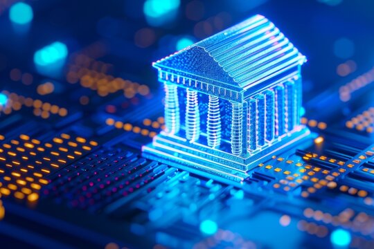 digital bank building on circuit board - modern fintech concept.