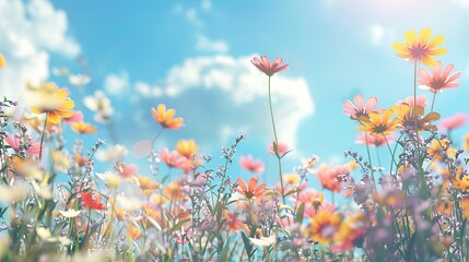 Obraz premium A beautiful spring flower field summer meadow. Natural colorful landscape with many wild flowers of daisies against blue sky. A frame with soft selective focus. Magical nature background blossom