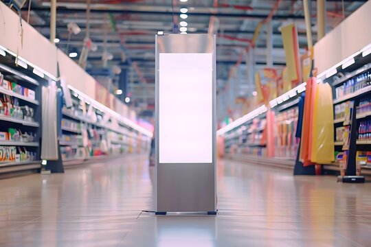 Catalyst with an elongated blank screen at the end of a shopping aisle in a megastore, great for digital advertisements.