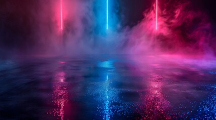 Empty show scene background. Reflection of a dark street on wet asphalt. Rays of red and blue neon light in the dark, neon shapes, smoke. Abstract dark background. Generative Ai