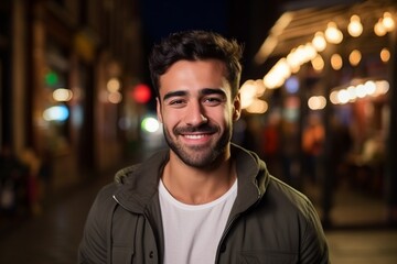 Fototapeta premium Portrait of a handsome young man smiling in the city at night