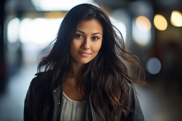 Fototapeta premium Portrait of a beautiful young woman with long hair in a city