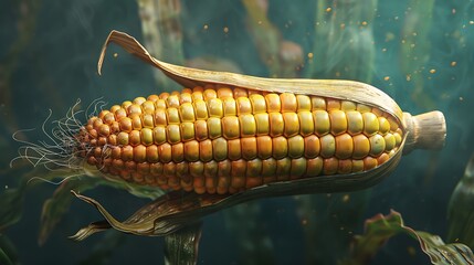 Single cob of corn with bright yellow kernels very detailed and realistic shape
