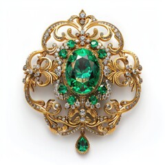 Intricate gold brooch with green gemstone and ornate design, perfect for elegant and sophisticated fashion statements, displayed on white background.