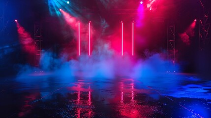 Empty show scene background. Reflection of a dark street on wet asphalt. Rays of red and blue neon light in the dark, neon shapes, smoke. Abstract dark background. Generative Ai