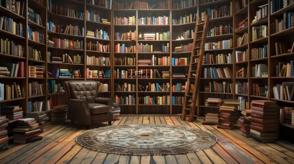 A photo corner with a room full of bookshelves