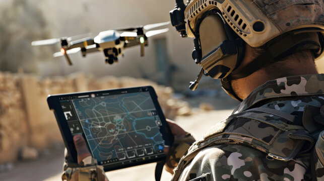 A soldier hold tablet in the field, operating drones. . A drone controller and camera visuals on a smartphone. Generative AI