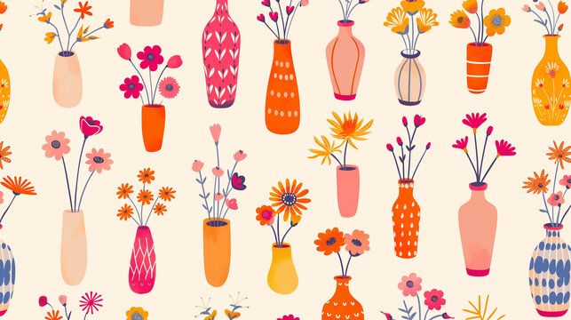 Various tiny pretty flowar vases clipart collection pattern, minimal abstract illustration style , super fresh fluorescent vibrant color palette