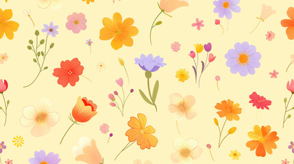 Fototapeta premium Various tiny spring flowers clipart collection pattern, minimal abstract illustration style , super fresh fluorescent vibrant color palette