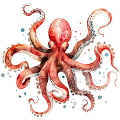A vibrant, detailed illustration of a red octopus with swirling tentacles, surrounded by bubbles.  The octopus is depicted in a dynamic pose, suggesting movement and intelligence. © kokoson6