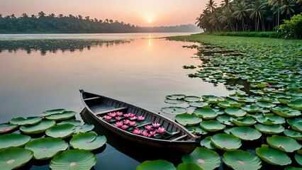 Fototapeta premium View of a calm river or lake with pink lotus flowers and green lotus leaves. At the edge, there was a wooden boat stranded among the water plants.