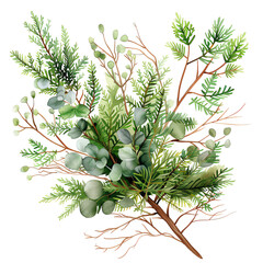 A watercolor painting of a lush green sprig of evergreen branches and leaves.