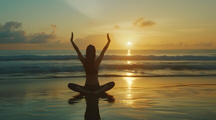 Silhouette young woman practicing yoga on the beach at sunrise. 