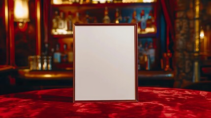 Blank vintage menu frame on a red velvet table in a speakeasy bar, nostalgic feel.