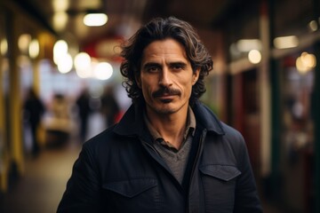 Fototapeta premium Portrait of a handsome middle aged man with long curly hair, wearing a blue jacket, standing in the city at night.