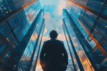A lone figure stands in the middle of a towering cityscape, looking up at the sky with determination. The city lights illuminate the night, creating a dramatic scene.
