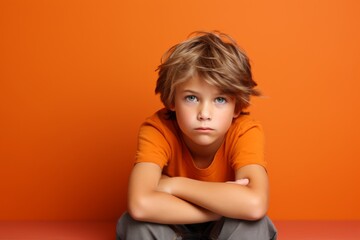 Portrait of a sad little boy, isolated on orange background.