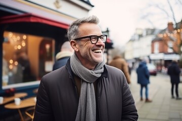 Obraz premium Portrait of a happy senior man with eyeglasses and scarf in the city