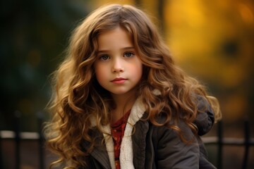 Naklejka premium Portrait of a beautiful little girl with curly hair in the autumn park