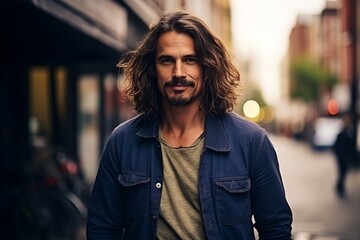 Fototapeta premium Portrait of a handsome man with long curly hair in urban background