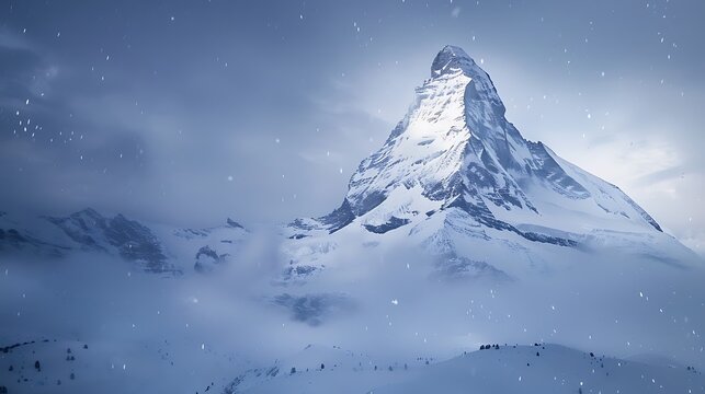 Snowing sight of majestic Matterhorn mountain during moning very detailed and realistic shape