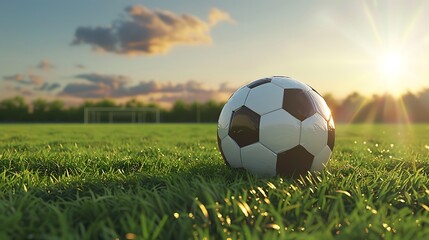 Soccer ball placed on green grass football stadium at sunset view very detailed and realistic shape