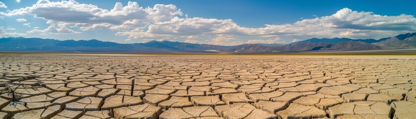 Fototapeta premium Dry cracked earth landscape under a blue sky with white clouds.