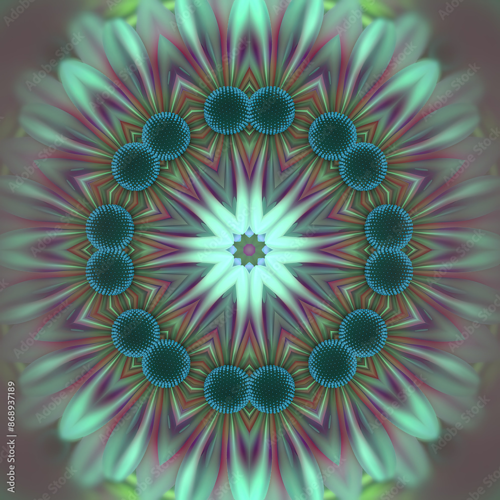 Poster symmetrical kaleidoscopic floral pattern with a central focus. 3d rendering digital illustration