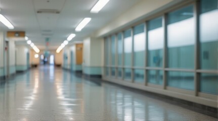 Obraz premium Blur image background of hospital clinic corridor empty hallway glass window ceiling door healthcare