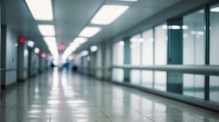Obraz premium Blur image background of hospital clinic corridor empty hallway glass window ceiling door healthcare
