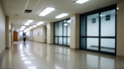 Obraz premium Blur image background of hospital clinic corridor empty hallway glass window ceiling door healthcare