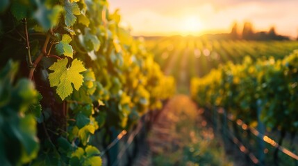 Naklejka premium Vineyard at sunset with golden light illuminating the leaves. A peaceful and serene scene of nature's beauty.